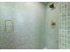 Up close view of shower featuring green tiling, gold hardware, and glass door at 7307 14Th W Ave, Bradenton, FL 34209