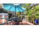 Charming outdoor dining area in a screened-in patio with a grill and umbrella for sunny days at 7782 Club Ln, Sarasota, FL 34238