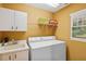 Laundry room with washer, dryer, a utility sink, and views of the lush outdoor scenery at 8024 Via Fiore, Sarasota, FL 34238