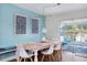 Inviting dining room featuring a unique pink table and modern light fixture at 2001 25Th W Ave, Bradenton, FL 34205