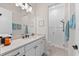 Bright bathroom featuring a spacious vanity with a modern sink and walk-in shower with white tiling at 17916 Northwood Pl, Lakewood Ranch, FL 34202
