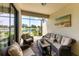 Covered lanai with stylish wicker seating, perfect for relaxation and enjoying lake views at 19993 Benissimo Dr, Venice, FL 34293