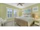 Light filled bedroom with wicker bed frame, shutters, and a view of the neighborhood at 388 Aruba Cir # 201, Bradenton, FL 34209