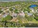 An aerial view shows the community with mature trees, several homes, and a glistening lake to the side at 610 147Th St E, Bradenton, FL 34212