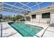 Inviting screened-in pool with blue tile accents, surrounded by a spacious patio and lush landscaping at 610 147Th St E, Bradenton, FL 34212