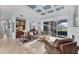 Cozy living room featuring a wet bar, a stone fireplace, comfortable seating, and outdoor access at 6822 Dominion Ln, Lakewood Ranch, FL 34202
