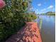 Red wooden dock with lush foliage and tranquil waterfront views, showcasing a serene setting at 18422 Burkholder Cir, Port Charlotte, FL 33948