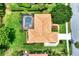 Overhead view of a single-Gathering home featuring a screened pool, well-maintained yard, and beautiful architectural details at 8449 Lone Eagle Way, Sarasota, FL 34241