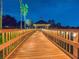 Wooden dock lit with string lights extends over the water at night, accented with palm trees at 6605 Waters Edge Way, Lakewood Ranch, FL 34202