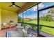 Covered patio with comfortable seating and a view of the green backyard at 10015 Marbella Dr, Bradenton, FL 34211