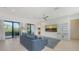Modern living room with a blue sofa, large TV, and sliding glass doors to an outdoor space at 1755 7Th St, Sarasota, FL 34236