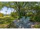 Backyard with patio seating, shade trees, and lush landscaping creating a private retreat at 18399 Burkholder Cir, Port Charlotte, FL 33948