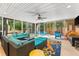 Enclosed patio with a large seating area, fan, and view of the pool and surrounding tropical foliage at 4001 5Th Ave, Holmes Beach, FL 34217