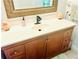 Bathroom vanity with bronze faucet, wood cabinets, and large decorative mirror at 5061 Barrington Cir # 1302, Sarasota, FL 34234