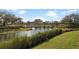 A picturesque bridge over a tranquil pond surrounded by lush landscaping and mature trees at 5329 Trails Bend Ct, Sarasota, FL 34238