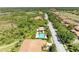 Aerial view of a neighborhood showcasing a community pool, homes, trees, and street at 9121 Stone Harbour Loop, Bradenton, FL 34212