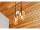 Close up of pendant lights with clear shades and exposed bulbs against a wood plank ceiling at 1434 Ladue Ln, Sarasota, FL 34231