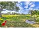 Spacious backyard with lush greenery, a golf course view, and swaying palm trees, perfect for outdoor enjoyment at 2020 Calusa Lakes Blvd, Nokomis, FL 34275