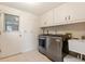 Bright laundry room with modern washer and dryer, storage cabinets, utility sink and door to the outside at 3626 Medford Ln # 1537, Sarasota, FL 34232