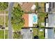 Aerial view of home with a pool and well-kept lawn with mature trees in a tranquil neighborhood at 507 Shore Dr, Largo, FL 33771