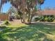View of a spacious backyard with mature trees, lush green grass, and partial view of the home at 670 Venice Ln, Sarasota, FL 34242