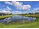 Tranquil view of the pond with its grassy bank with neighborhood homes in the background at 1017 Siberian Glen, Bradenton, FL 34212