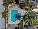 Aerial view of a community pool and jacuzzi surrounded by lounge chairs and palm trees at 1163 Coquille St # 207, Sarasota, FL 34242