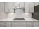 Close-up of a modern electric stovetop and range hood with gray cabinets at 12557 Galapagos Ct, Venice, FL 34293
