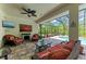 Relaxing screened-in lanai with a cozy seating area, fireplace, and beautiful pool with garden views at 22333 Panther Loop, Bradenton, FL 34202