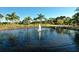 Scenic view of a tranquil pond with a fountain, palm trees and lush greenery for peaceful relaxation at 4444 Highland Oaks Cir, Sarasota, FL 34235