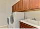 Convenient laundry room with washer, dryer, utility sink and overhead wooden cabinets for storage at 6310 Golden Eye Gln, Lakewood Ranch, FL 34202