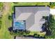 Aerial view of the roof, lawn and screened-in pool/lanai area at 6510 Flycatcher Ln, Lakewood Ranch, FL 34202