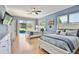 Bright bedroom showcasing two beds with blue accents and an airy atmosphere leading to outdoor pool at 8615 59Th E St, Parrish, FL 34219