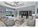 Open-concept living room boasts neutral tones, tile flooring, and a view of the screened-in pool at 8615 59Th E St, Parrish, FL 34219