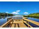 Scenic wooden dock overlooking a calm river surrounded by lush greenery and trees, offering a peaceful retreat at 9818 Portside Ter, Bradenton, FL 34212