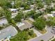 An aerial view showcases the home’s pool, well-kept landscaping, and a driveway surrounded by lush greenery at 577 Corwood Dr, Sarasota, FL 34234