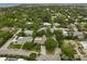 An aerial shot of a neighborhood with mature trees and view of bay in the background at 577 Corwood Dr, Sarasota, FL 34234