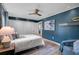 Comfortable bedroom featuring a ceiling fan, natural light, and stylish decor with calming blue accents at 577 Corwood Dr, Sarasota, FL 34234