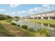 Backyard view overlooking a tranquil pond with fountain and well-maintained lawn behind the townhomes at 8600 Milestone Dr, Sarasota, FL 34238