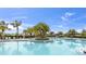 A beautiful community pool with a central island of palm trees and a bright blue sky at 9215 Royal River Cir, Parrish, FL 34219