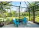 The screened in lanai features outdoor seating with a view of the tropical backyard at 11836 Crawford Parrish Ln, Parrish, FL 34219