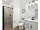 Modern bathroom with a walk-in shower and a white vanity at 15104 Blue Bay Ter, Lakewood Ranch, FL 34211
