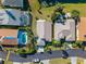Aerial view of backyard pools and roof tops in a desirable neighborhood with palm trees at 3390 Yonge Ave # 41, Sarasota, FL 34235