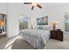 Bright bedroom with a ceiling fan, accent lighting, and access to lanai at 3390 Yonge Ave # 41, Sarasota, FL 34235