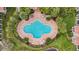 Aerial view of clover shaped pool surrounded by brick patio and lounge chairs surrounded by palm trees and landscaping at 5691 Bentgrass Dr # 211, Sarasota, FL 34235