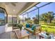 Relaxing screened-in patio with a comfortable seating arrangement and views of the lush green yard at 6458 Tailfeather Way, Bradenton, FL 34203