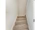 Carpeted staircase with white walls and trim, illuminated by a nearby light fixture at 13107 Bridgeport Xing, Lakewood Ranch, FL 34211