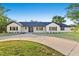 Charming one-story home boasts a white brick facade, black trim, and a spacious circular driveway at 1406 N Riverhills Dr, Temple Terrace, FL 33617