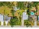 Top-down aerial shot highlights lush backyard, large lot, and sparkling pool adjacent to a charming single-story home at 2225 Alice Rd, Sarasota, FL 34231
