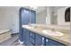 Bathroom featuring a blue vanity with double sinks, large mirror, and shower at 2425 21St St # B, Sarasota, FL 34234